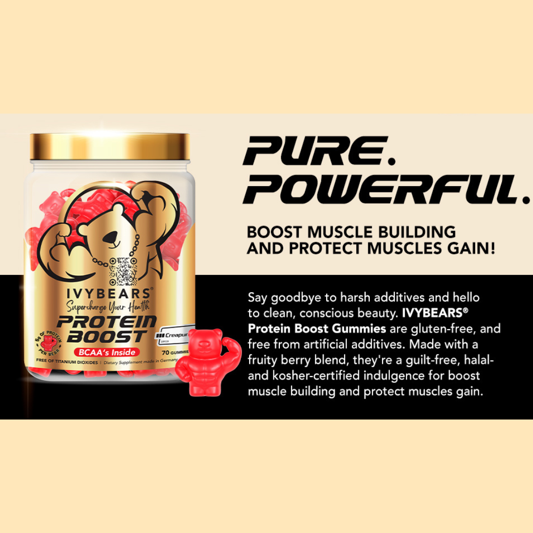 IvyBears® Protein Boost BCAA Gummies with 25g Pea Protein, Taurine, Creapure® Creatine, and Essential Vitamins | Boost Performance, Recovery, and Muscle Building