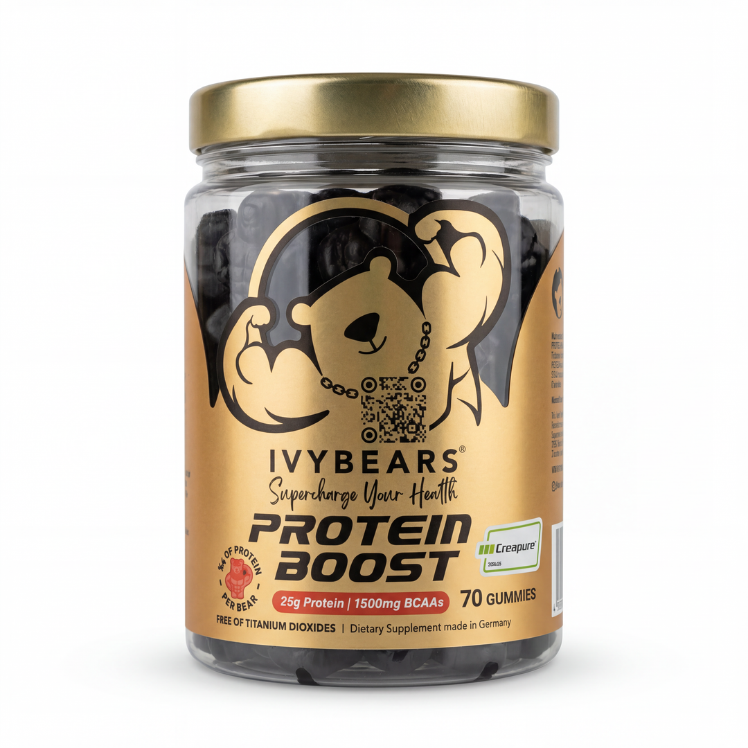 IvyBears Protein Boost Gummies front view with 25g protein, Creapure creatine, 1500mg BCAAs, and 70 gummies.