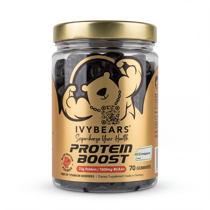 IvyBears Protein Boost Gummies front view with 25g protein, Creapure creatine, 1500mg BCAAs, and 70 gummies.