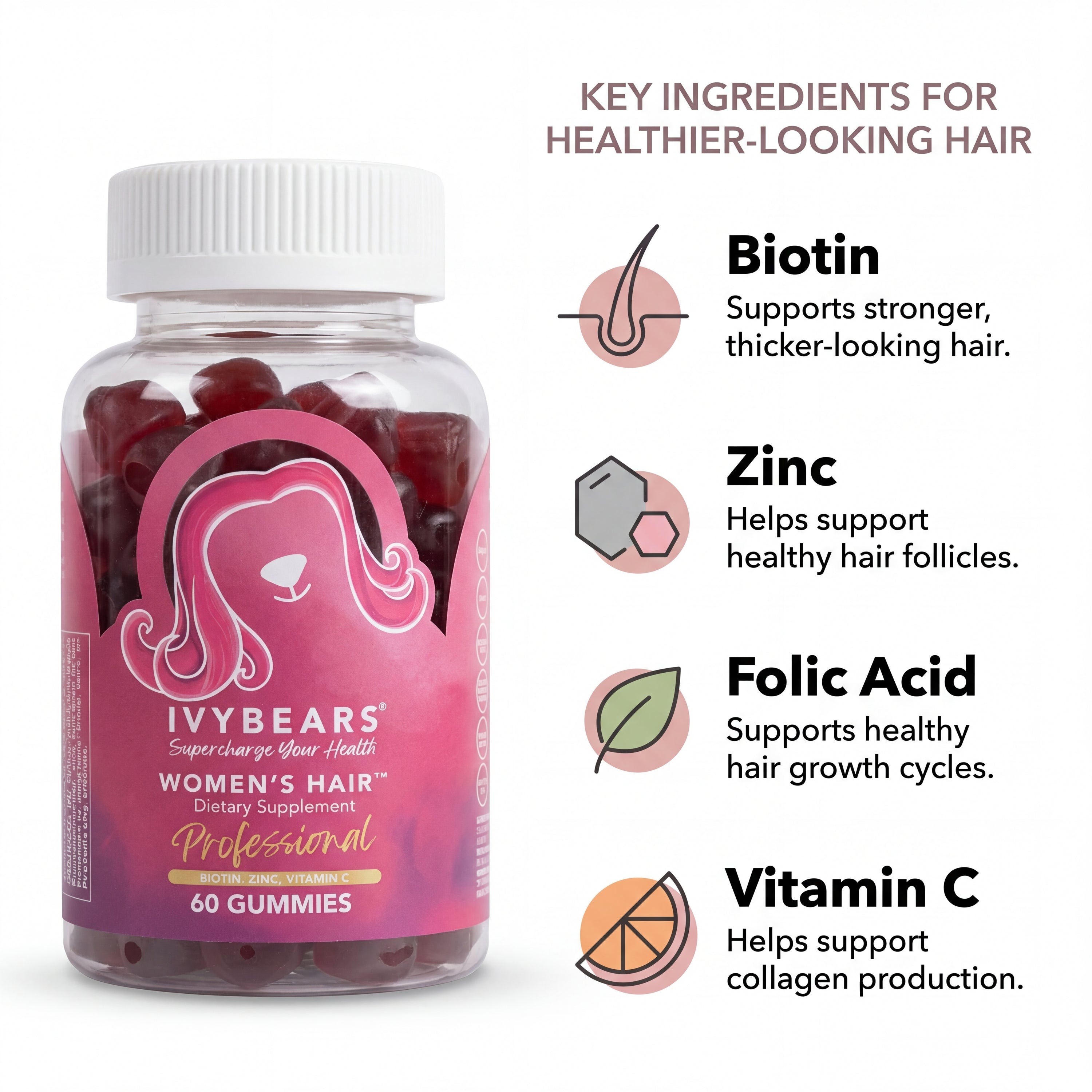 IVYBEARS® Women's Professional Hair Gummies - Vegan, High Biotin Formula for Stronger, Shinier Hair