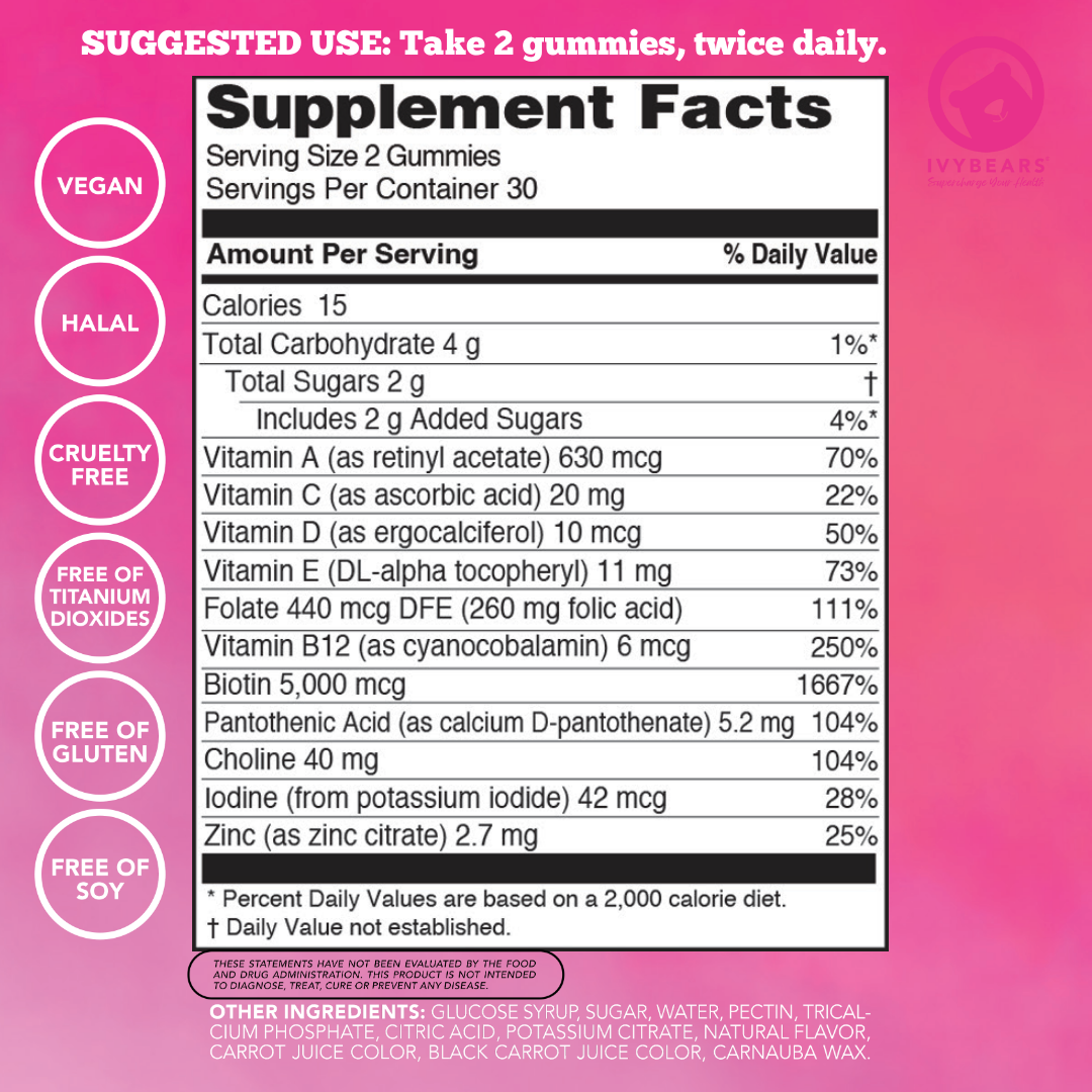 IVYBEARS Women's Hair Growth Gummies - Vegan, High Biotin Formula for Stronger, Shinier Hair