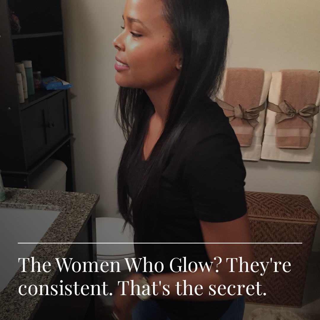 Woman in a bathroom with text about consistency as part of a daily beauty routine for collagen skin support gummies