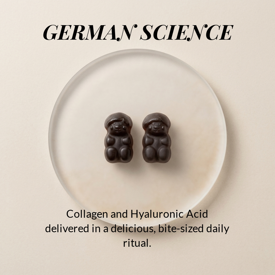 Two Vibrant Skin gummies on a plate with text about German science, collagen, and hyaluronic acid in a bite-sized daily ritual