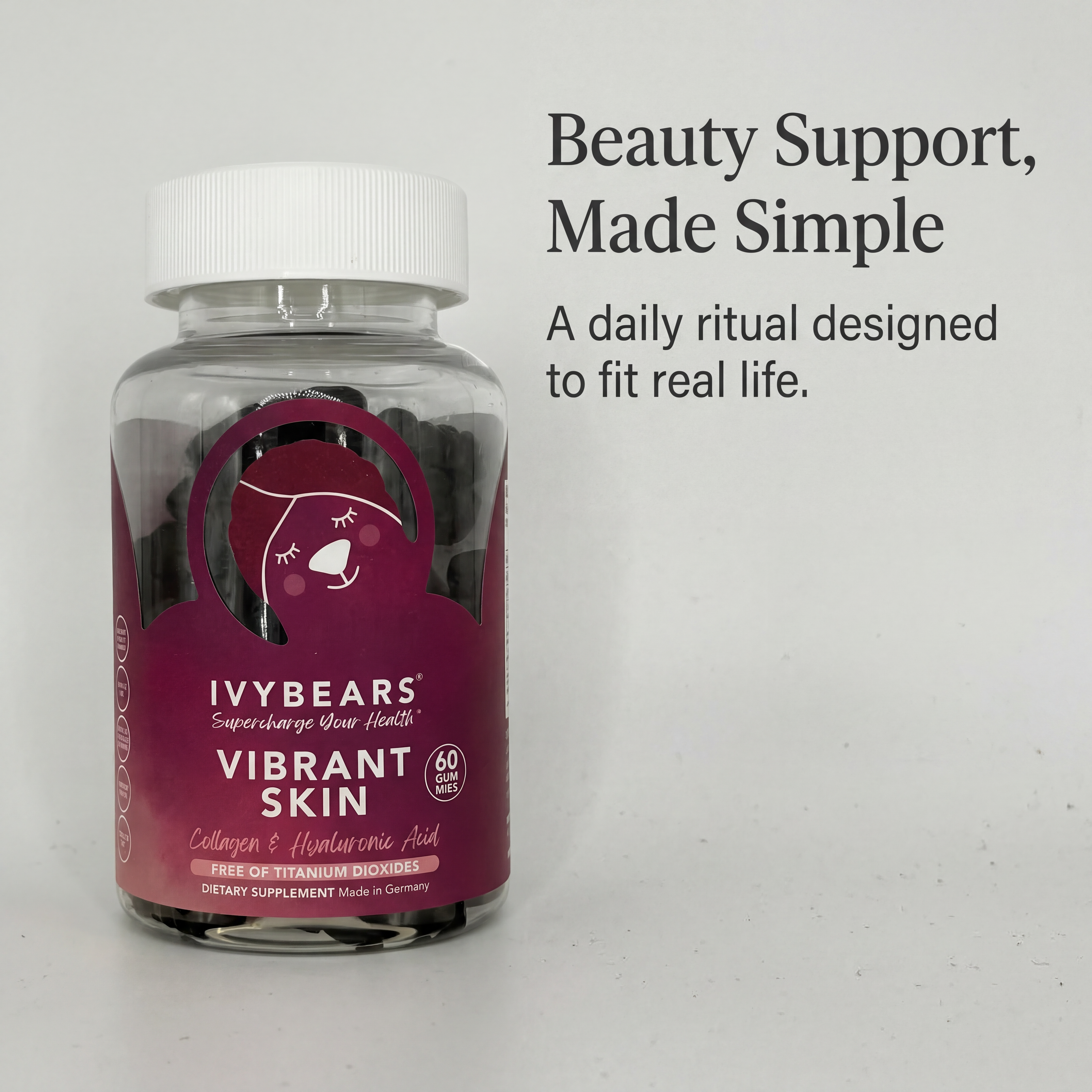 Vibrant Skin beauty gummies image with collagen and hyaluronic acid bottle and text about a daily beauty routine that fits real life