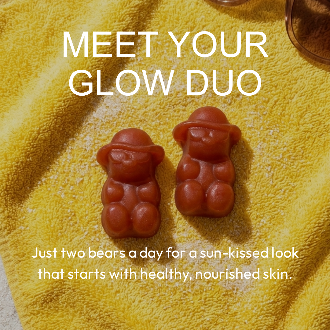 Two IvyBears Boost Tan bear gummies on a yellow towel with text Meet Your Glow Duo promoting a summer beauty routine for a sun-kissed look