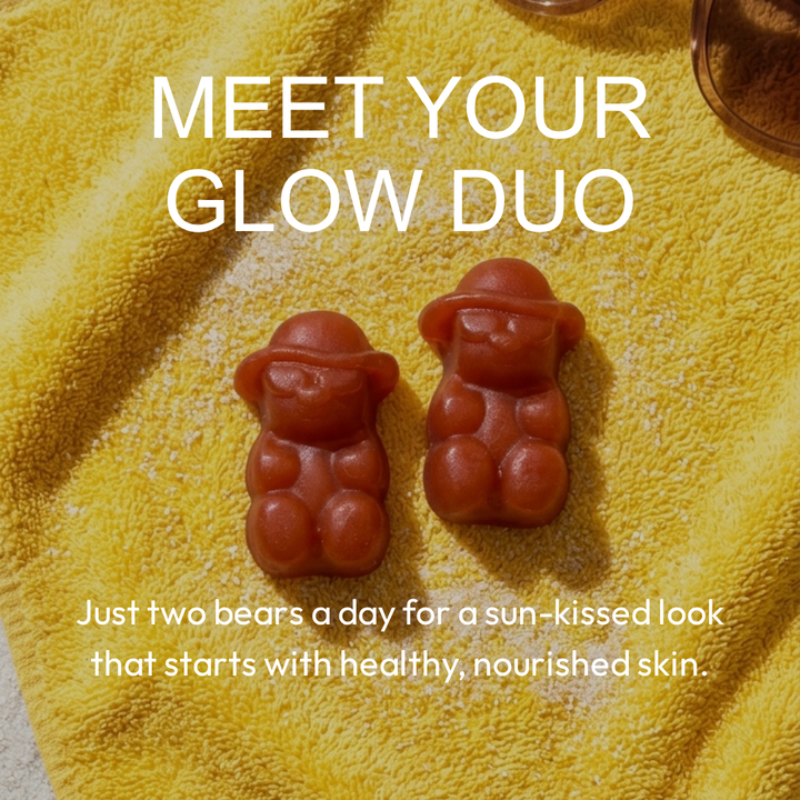 Two IvyBears Boost Tan bear gummies on a yellow towel with text Meet Your Glow Duo promoting a summer beauty routine for a sun-kissed look