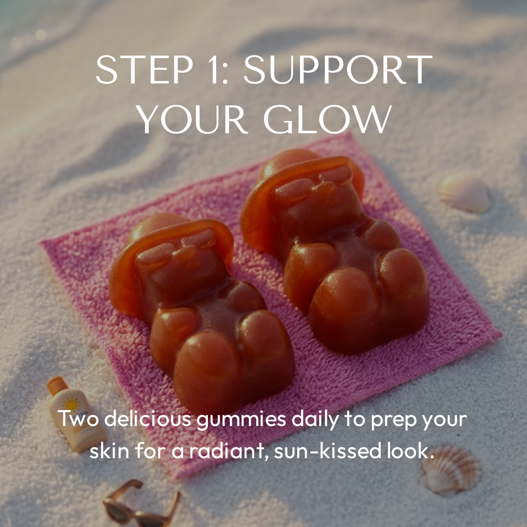 Two IvyBears Boost Tan gummies on a pink towel at the beach with text Step 1 Support Your Glow promoting a daily routine for a radiant sun-kissed look