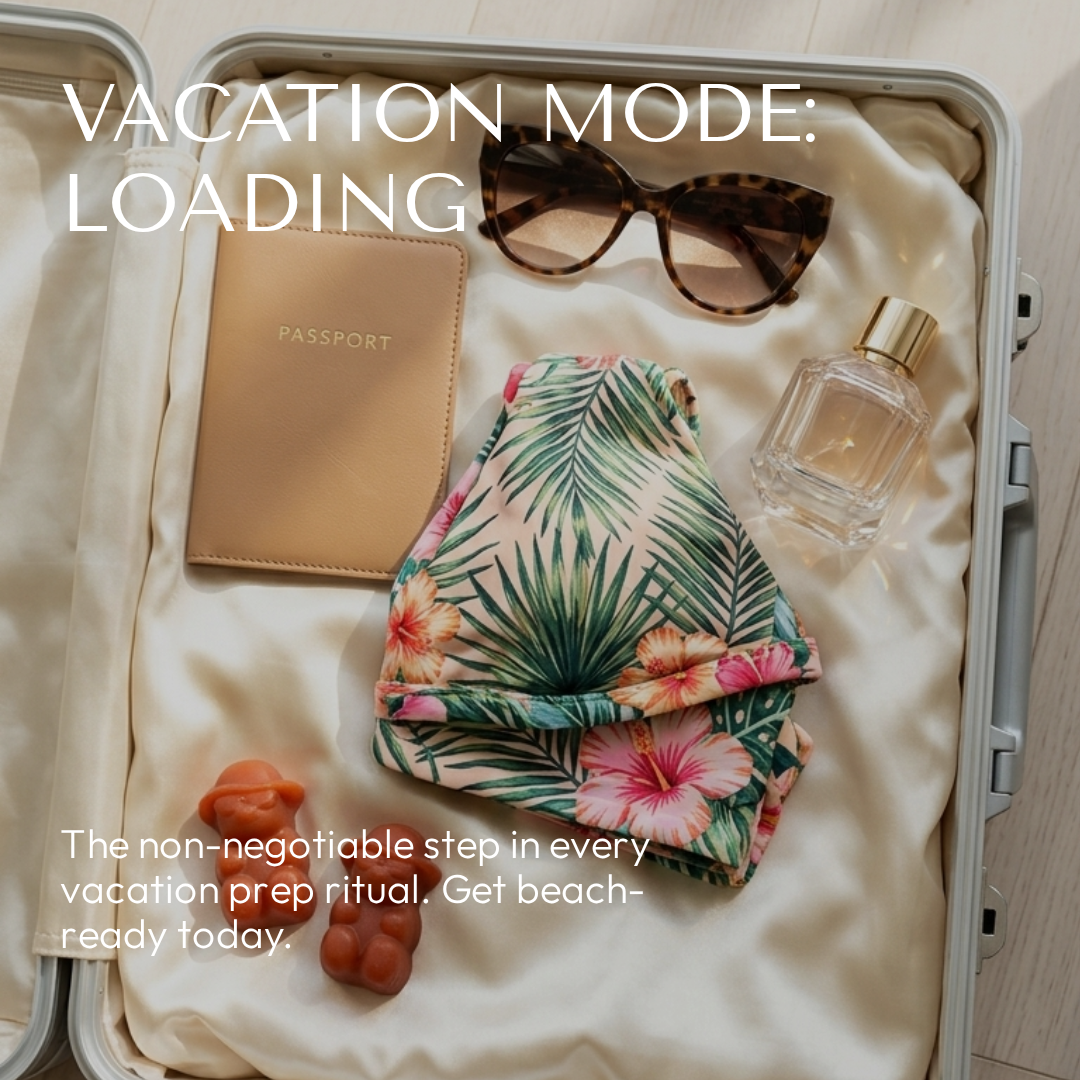 IvyBears Boost Tan gummies in an open suitcase with sunglasses, passport, perfume, and swimwear promoting a vacation prep and beach-ready routin