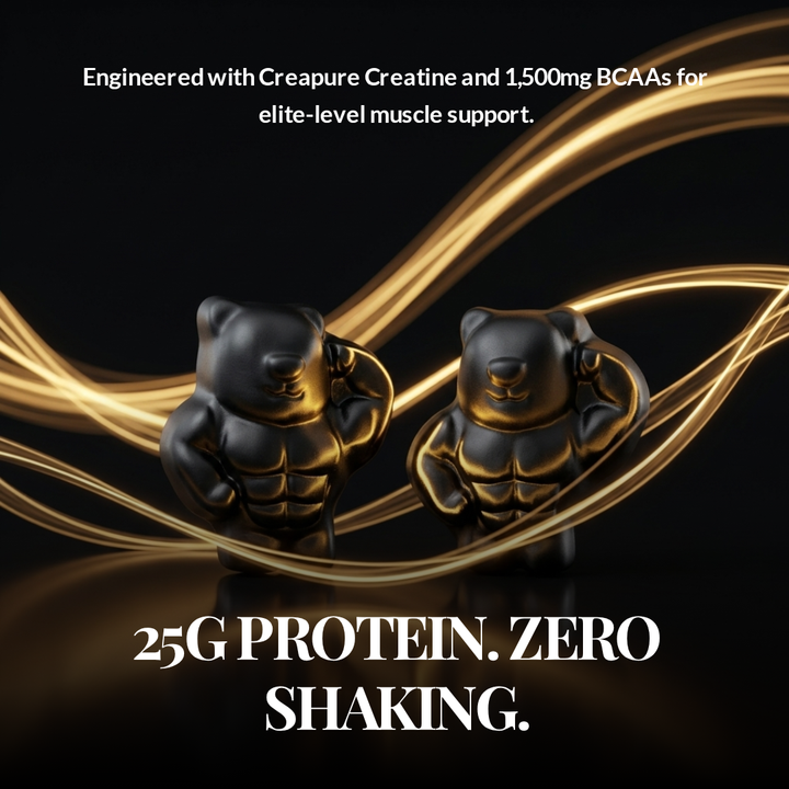 IVYBEARS Protein Boost gummy supplement jar with 70 gummies displayed on a wooden surface next to a black leather gym bag in a modern gym setting, with text reading Ditch the Messy Shaker — Stop washing dishes and start fueling, meet the high-performance protein evolution