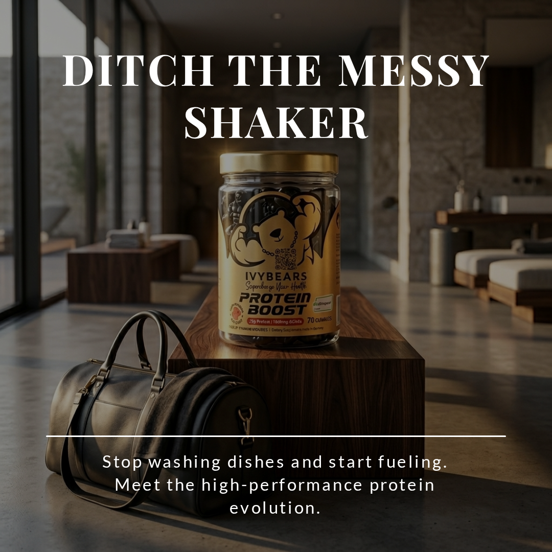 IVYBEARS Protein Boost gummy supplement jar with 70 gummies displayed on a wooden surface next to a black leather gym bag in a modern gym setting, with text reading Ditch the Messy Shaker — Stop washing dishes and start fueling, meet the high-performance protein evolution
