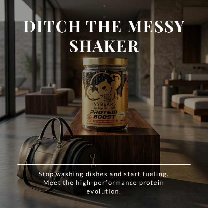 IVYBEARS Protein Boost gummy supplement jar with 70 gummies displayed on a wooden surface next to a black leather gym bag in a modern gym setting, with text reading Ditch the Messy Shaker — Stop washing dishes and start fueling, meet the high-performance protein evolution