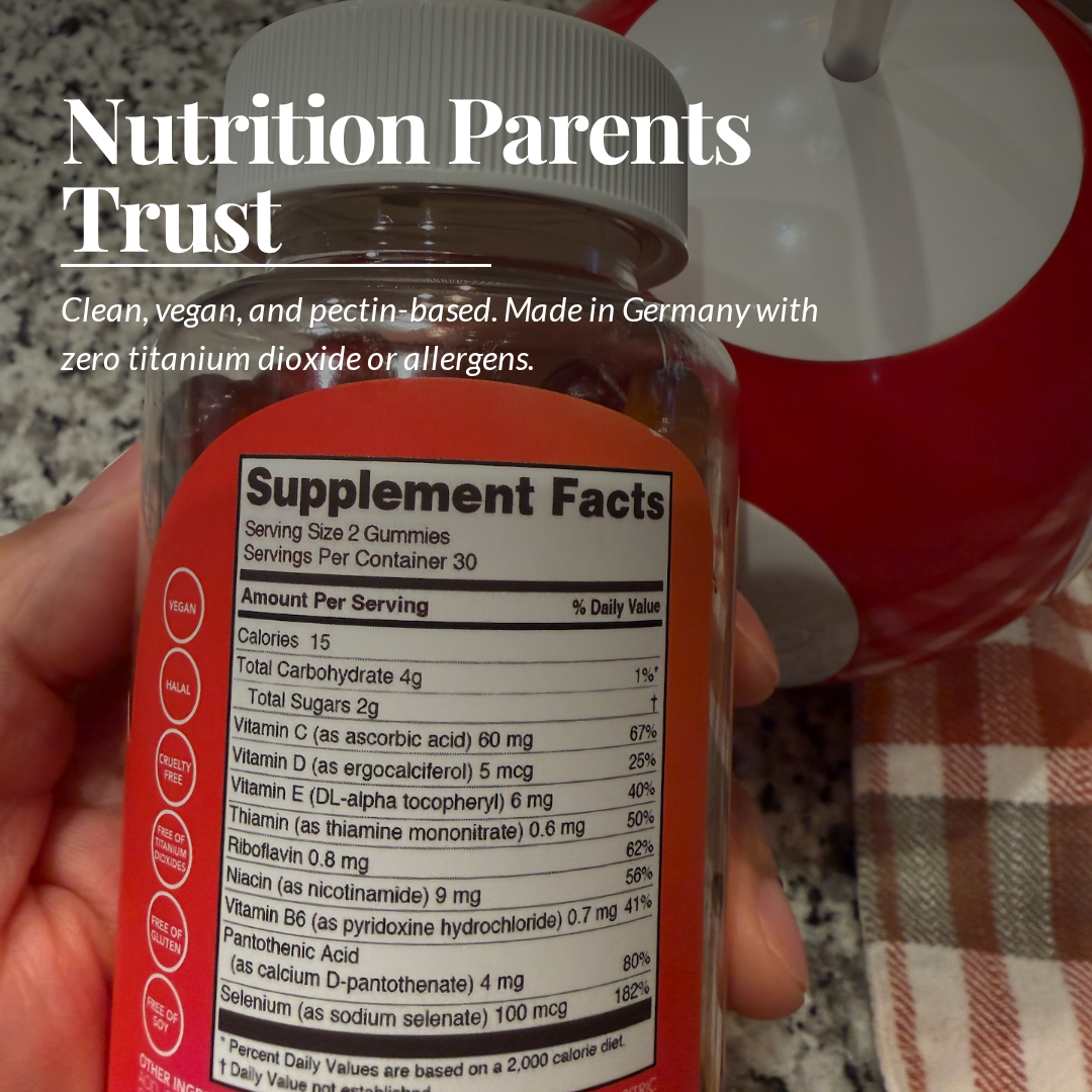 Close-up of kids multivitamin gummies bottle showing supplement facts with text about clean vegan pectin-based nutrition parents trust