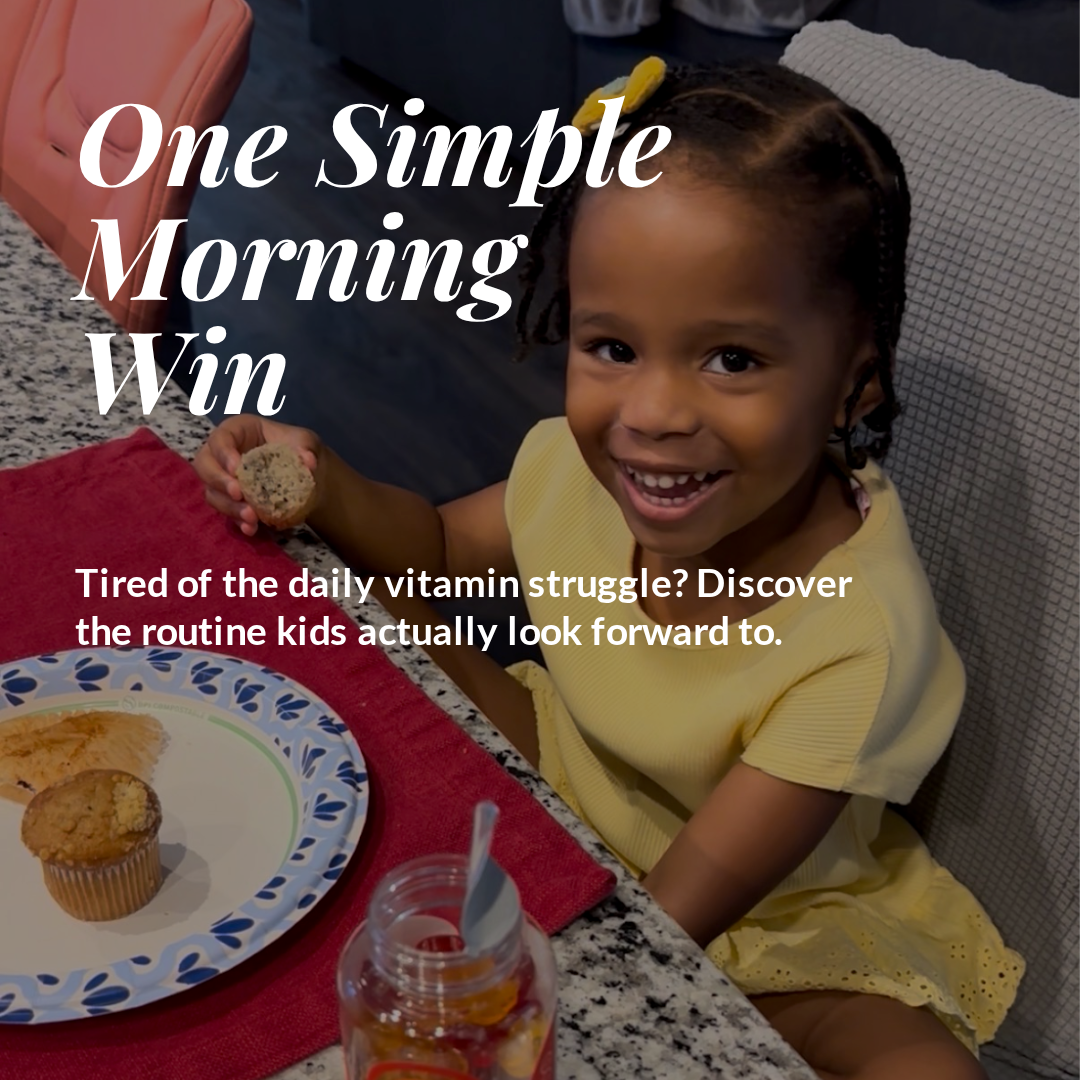Kids multivitamin gummies breakfast lifestyle image showing a child smiling at the table with an easy morning routine message