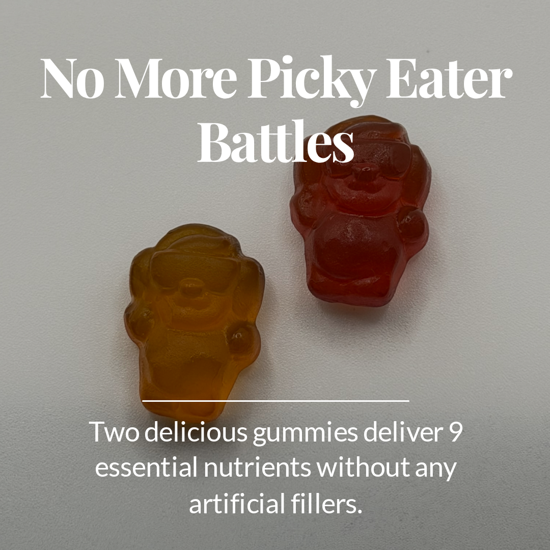 Close-up of two kids multivitamin gummies with text about no more picky eater battles and 9 essential nutrients