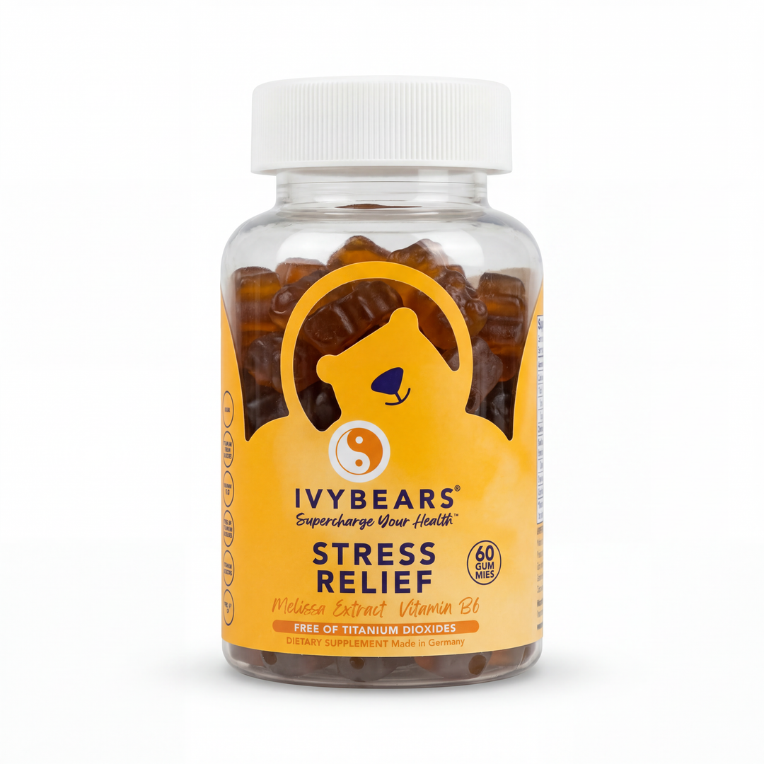 Stress Relief gummies bottle with L-Theanine, melissa extract, and vitamin B6 for a daily stress support routine