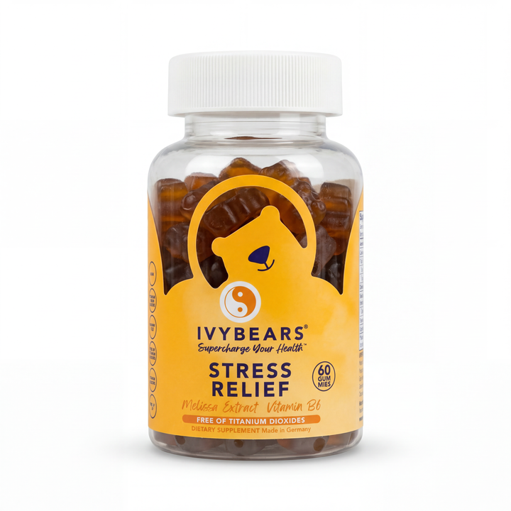 Stress Relief gummies bottle with L-Theanine, melissa extract, and vitamin B6 for a daily stress support routine