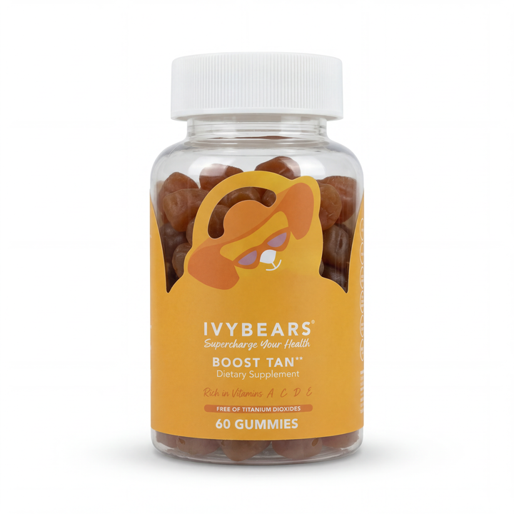 Boost Tan gummies bottle with beta-carotene, copper, and vitamin A for a glow-focused daily beauty routine