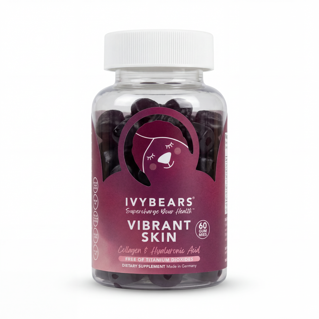 Vibrant Skin gummies infographic highlighting collagen peptides, hyaluronic acid, and vitamin B2 for a daily beauty routine